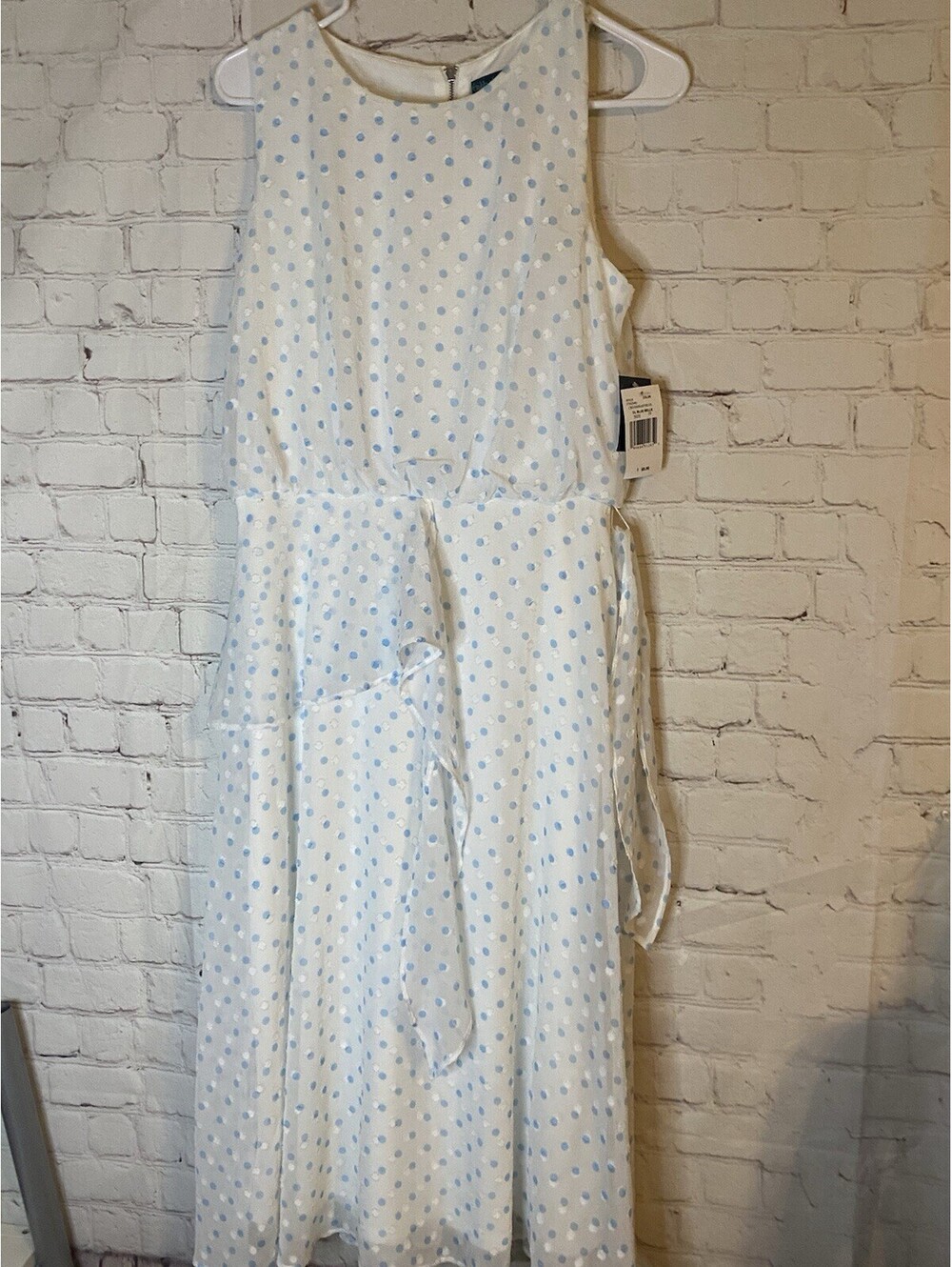 Gabby Skye Cream/Blue Polka Dot A-Line Midi Dress Size 10 Sleeveless Zip